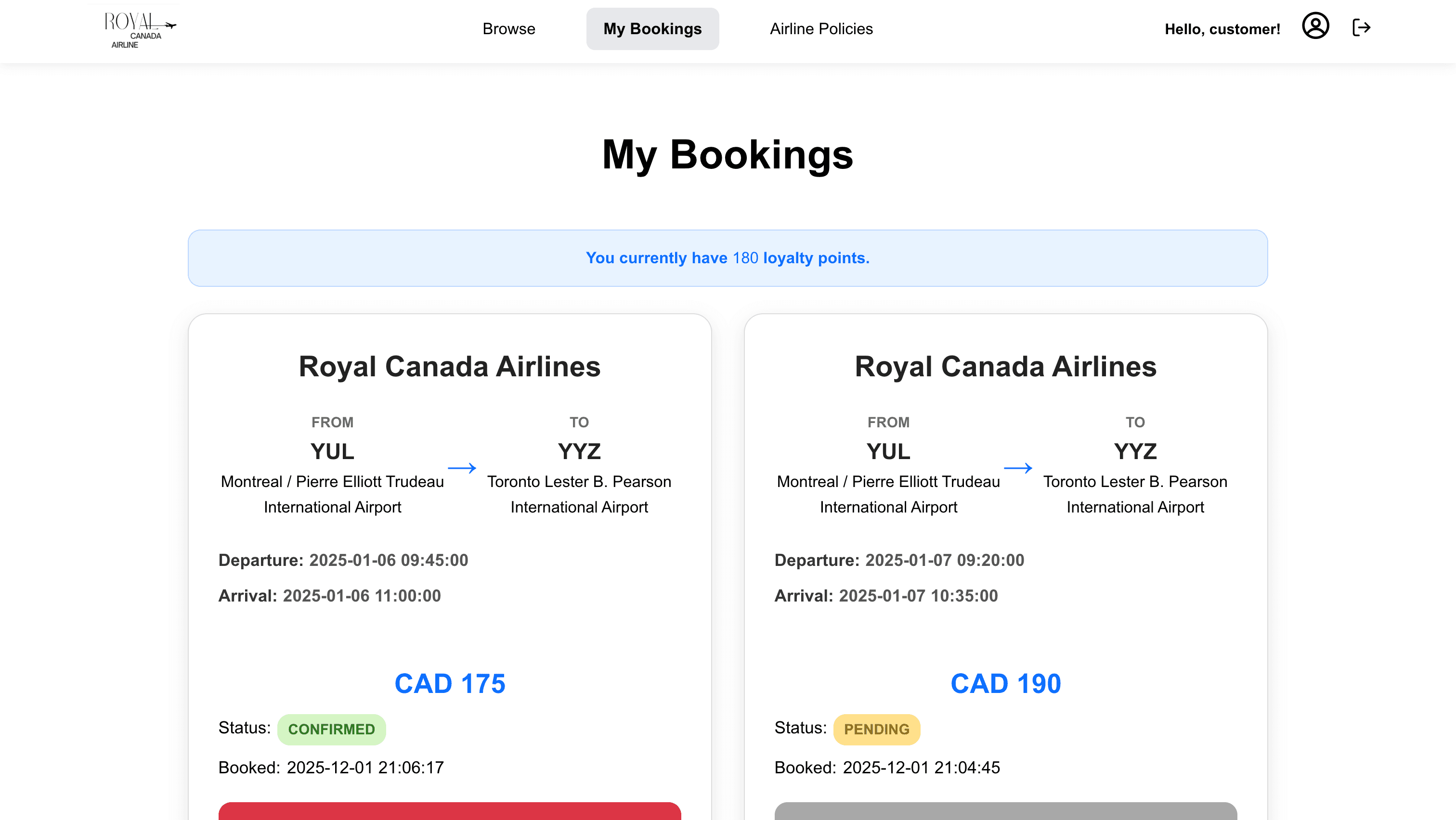 Customer Booking Page