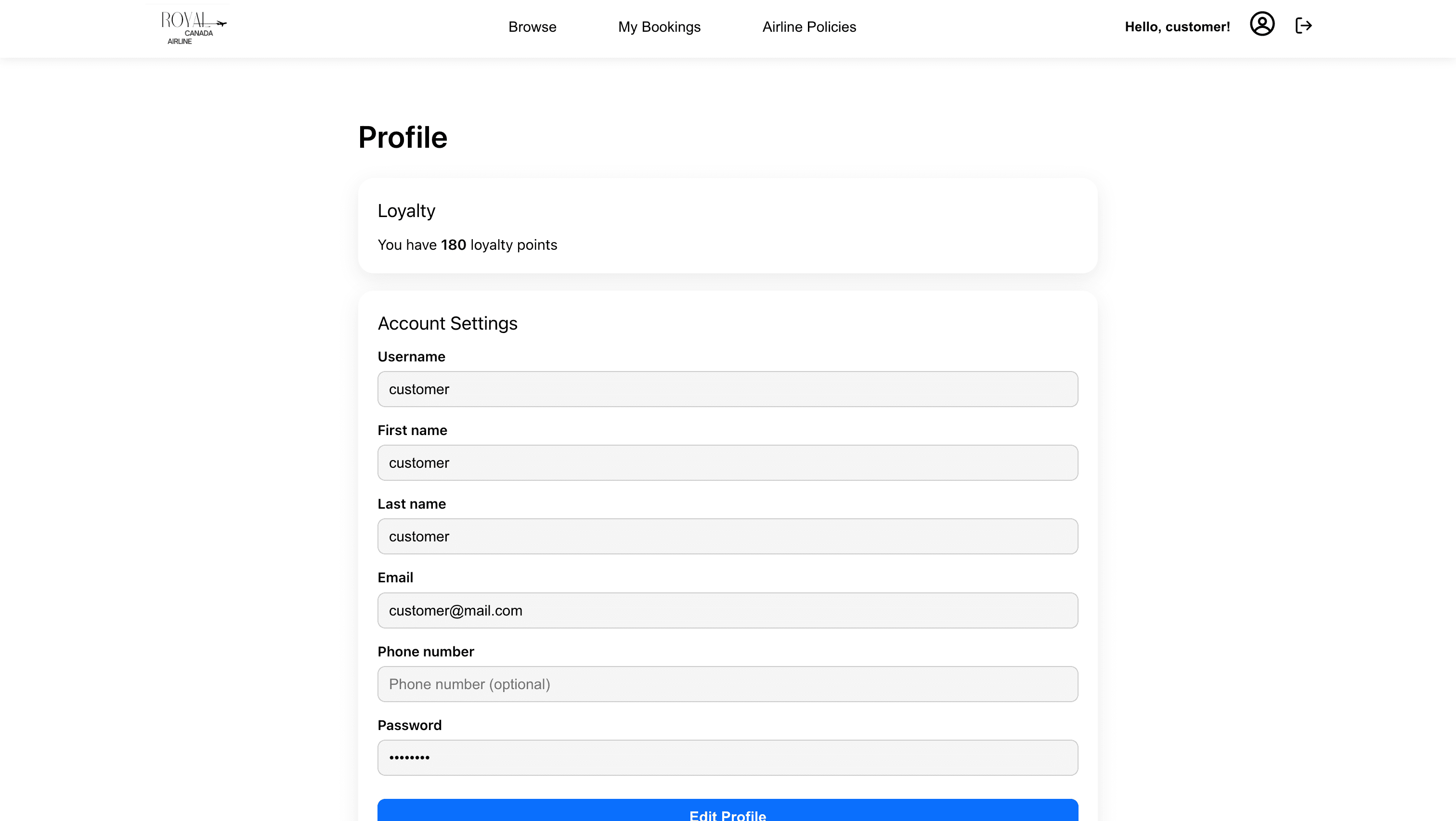 Customer Profile Page