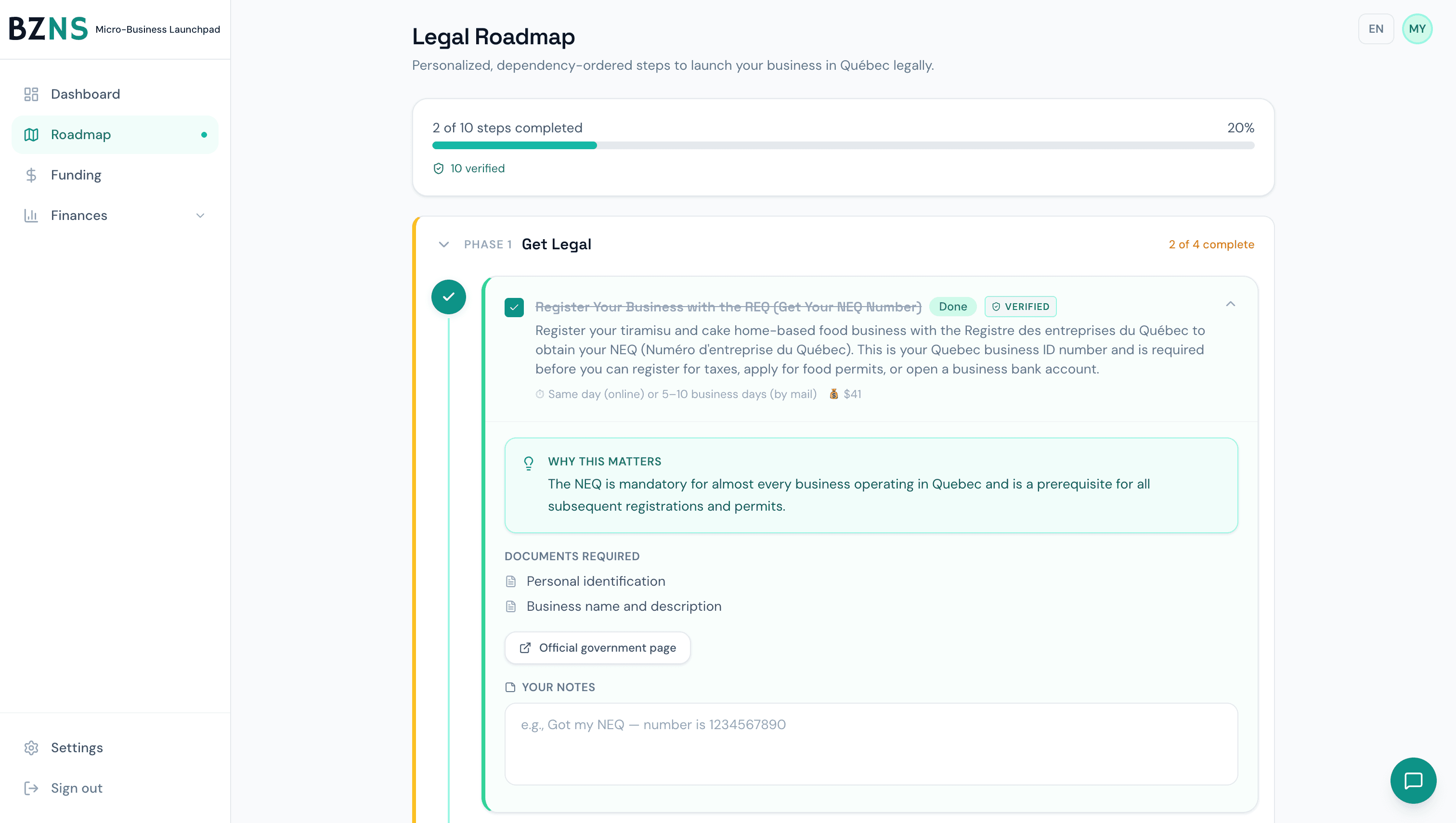 BZNS Roadmap Step Example