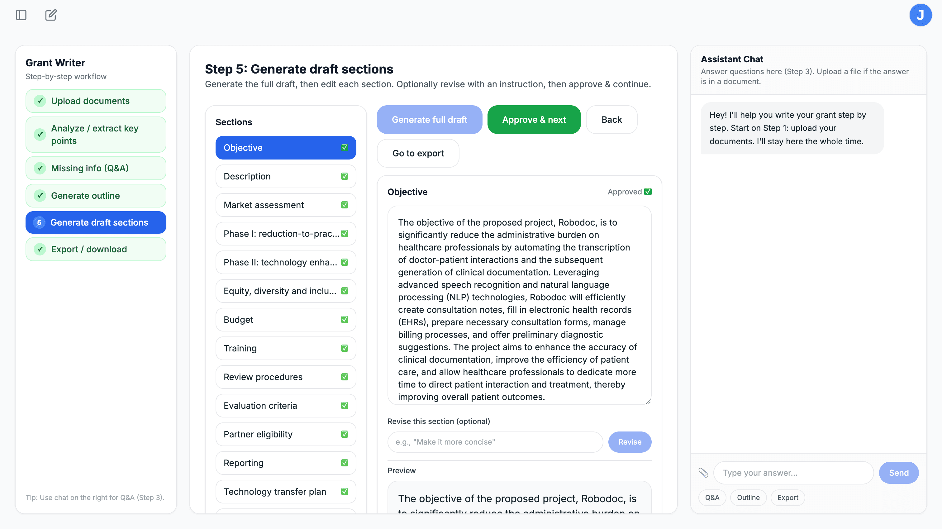 Grant Writer — Step 5: Review & Approve Draft Sections