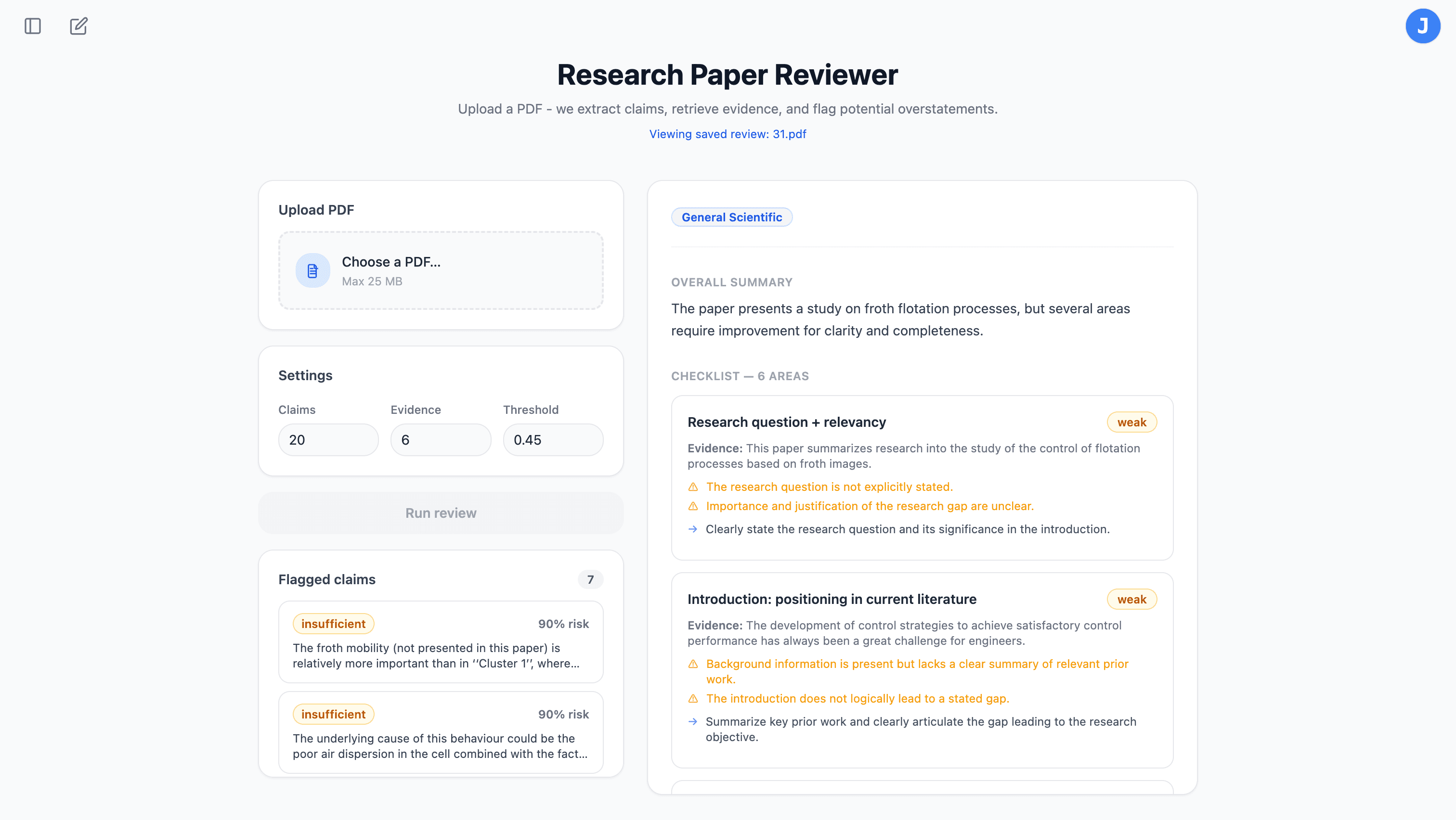 Research Paper Reviewer — Claim-Level Feedback with Risk Scores