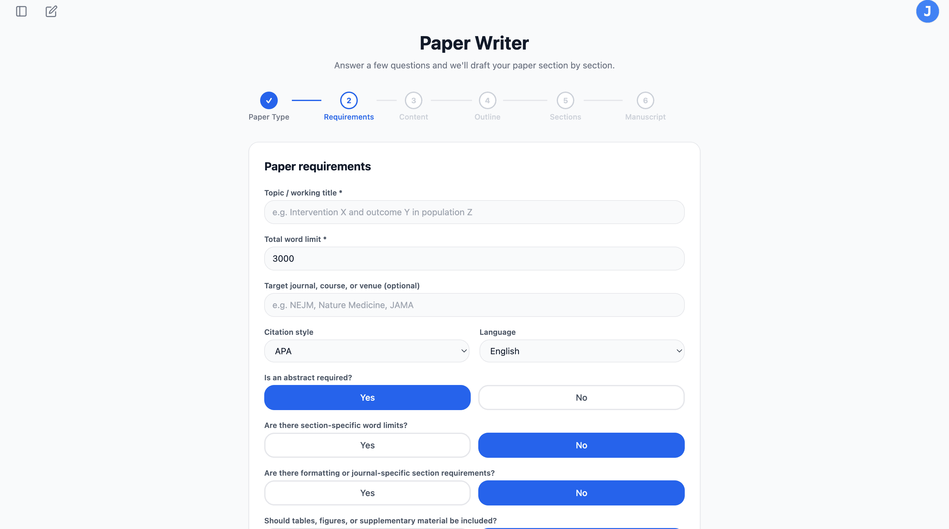 Paper Writer — Step 2: Enter Paper Requirements